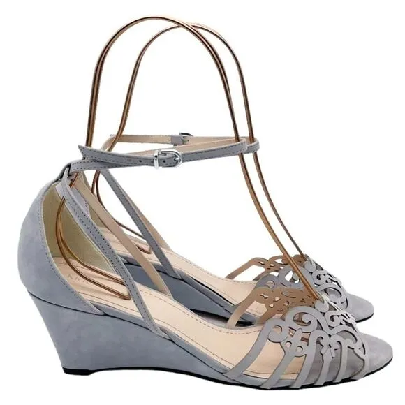 Klub Nico Kingston Laser Cut Ankle Wrap Wedge Heel Light Gray Lavender Size 8