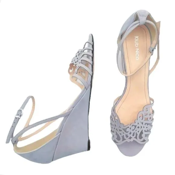 Klub Nico Kingston Laser Cut Ankle Wrap Wedge Heel Light Gray Lavender Size 8