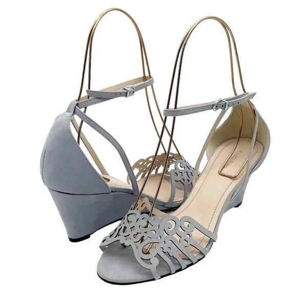 Klub Nico Kingston Laser Cut Ankle Wrap Wedge Heel Light Gray Lavender Size 8