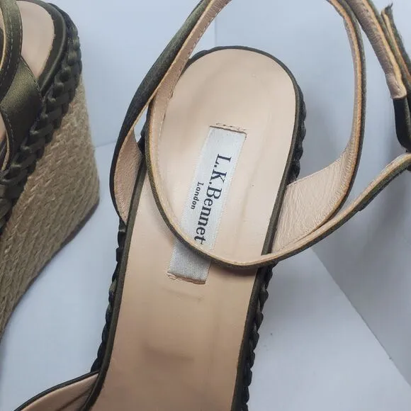 L K Bennett RARE green Satin Rope Wrapped Peeptoe Ankle Strap Wedge Heel Sandal