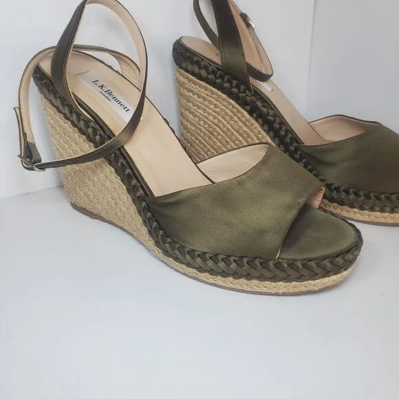 L K Bennett RARE green Satin Rope Wrapped Peeptoe Ankle Strap Wedge Heel Sandal