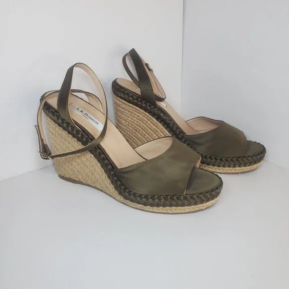 L K Bennett RARE green Satin Rope Wrapped Peeptoe Ankle Strap Wedge Heel Sandal