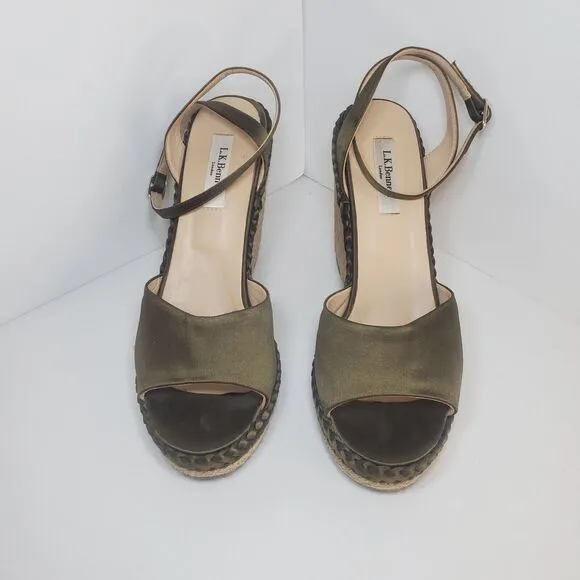 L K Bennett RARE green Satin Rope Wrapped Peeptoe Ankle Strap Wedge Heel Sandal