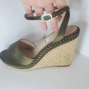L K Bennett RARE green Satin Rope Wrapped Peeptoe Ankle Strap Wedge Heel Sandal