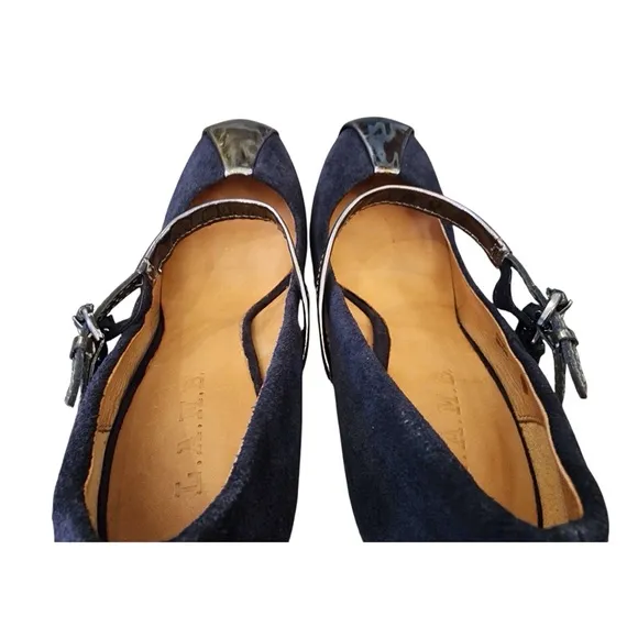 L.A.M.B. Blue Leather Heels Stiletto Pumps Metallic Double Strap Gwen Stefani