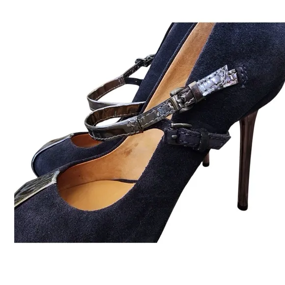L.A.M.B. Blue Leather Heels Stiletto Pumps Metallic Double Strap Gwen Stefani