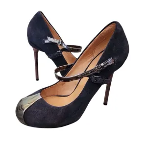 L.A.M.B. Blue Leather Heels Stiletto Pumps Metallic Double Strap Gwen Stefani