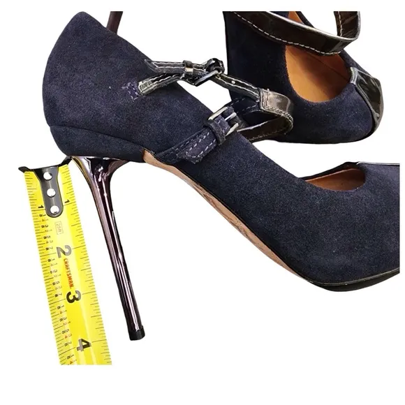 L.A.M.B. Blue Leather Heels Stiletto Pumps Metallic Double Strap Gwen Stefani