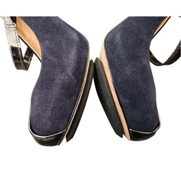 L.A.M.B. Blue Leather Heels Stiletto Pumps Metallic Double Strap Gwen Stefani