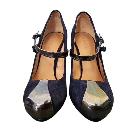 L.A.M.B. Blue Leather Heels Stiletto Pumps Metallic Double Strap Gwen Stefani