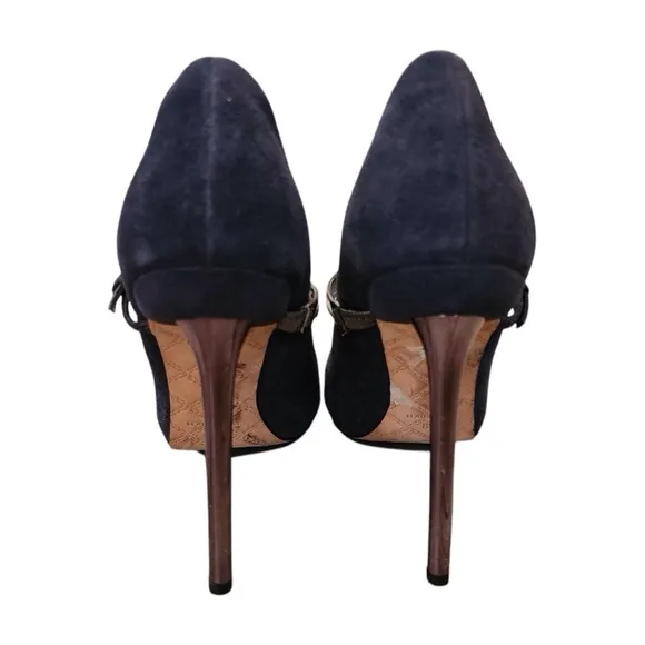L.A.M.B. Blue Leather Heels Stiletto Pumps Metallic Double Strap Gwen Stefani