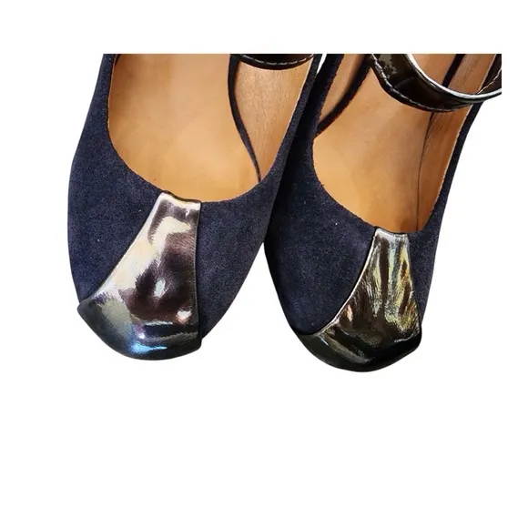 L.A.M.B. Blue Leather Heels Stiletto Pumps Metallic Double Strap Gwen Stefani