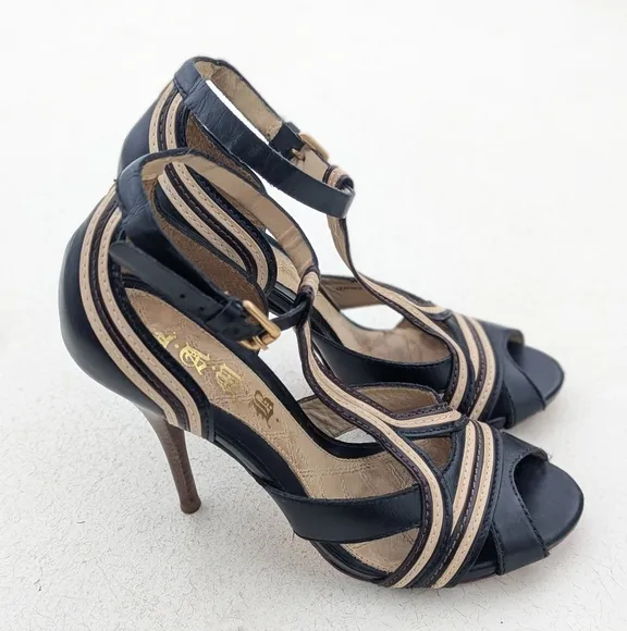 L.A.M.B | Tailynn Two-tone Strappy Sandal 4&quot; Stiletto Heel Size 8 Black Cream