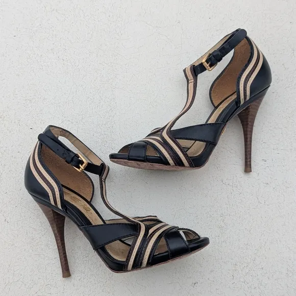 L.A.M.B | Tailynn Two-tone Strappy Sandal 4&quot; Stiletto Heel Size 8 Black Cream