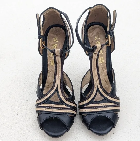 L.A.M.B | Tailynn Two-tone Strappy Sandal 4&quot; Stiletto Heel Size 8 Black Cream