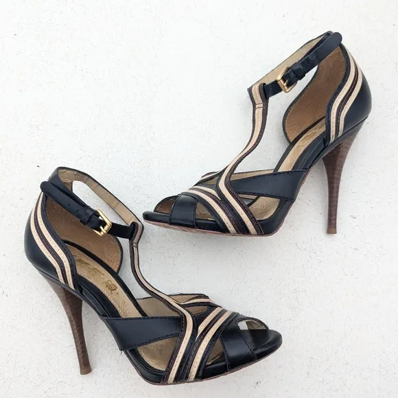 L.A.M.B | Tailynn Two-tone Strappy Sandal 4&quot; Stiletto Heel Size 8 Black Cream