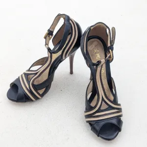 L.A.M.B | Tailynn Two-tone Strappy Sandal 4&quot; Stiletto Heel Size 8 Black Cream