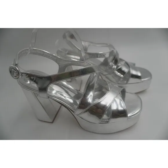 Larroude Bee Silver Metallic Platform Heel Crisscross Strap Glam High-shine Sz11