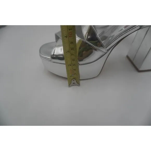Larroude Bee Silver Metallic Platform Heel Crisscross Strap Glam High-shine Sz11