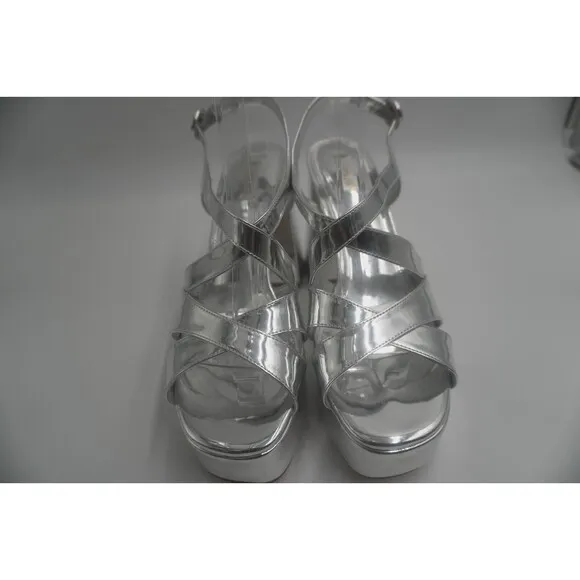 Larroude Bee Silver Metallic Platform Heel Crisscross Strap Glam High-shine Sz11