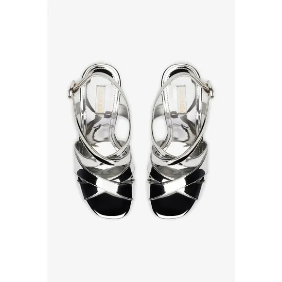 Larroude Bee Silver Metallic Platform Heel Crisscross Strap Glam High-shine Sz11