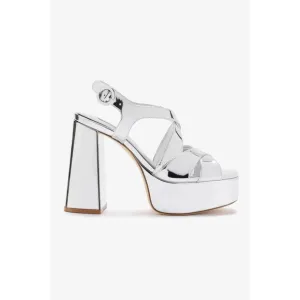 Larroude Bee Silver Metallic Platform Heel Crisscross Strap Glam High-shine Sz11