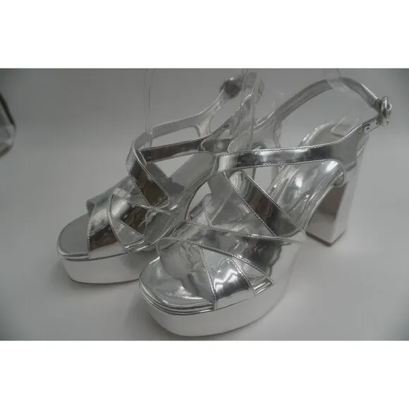 Larroude Bee Silver Metallic Platform Heel Crisscross Strap Glam High-shine Sz11