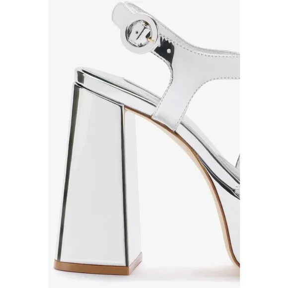 Larroude Bee Silver Metallic Platform Heel Crisscross Strap Glam High-shine Sz11