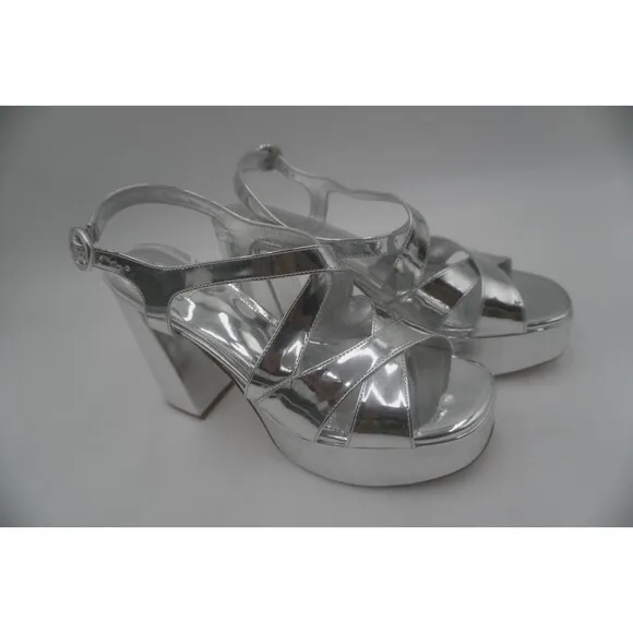 Larroude Bee Silver Metallic Platform Heel Crisscross Strap Glam High-shine Sz11