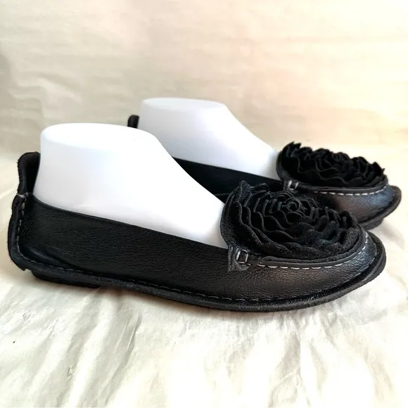 L’Artiste Spring Step Dezi Shoes 9.5 Black Leather Flats Slip On Flower New