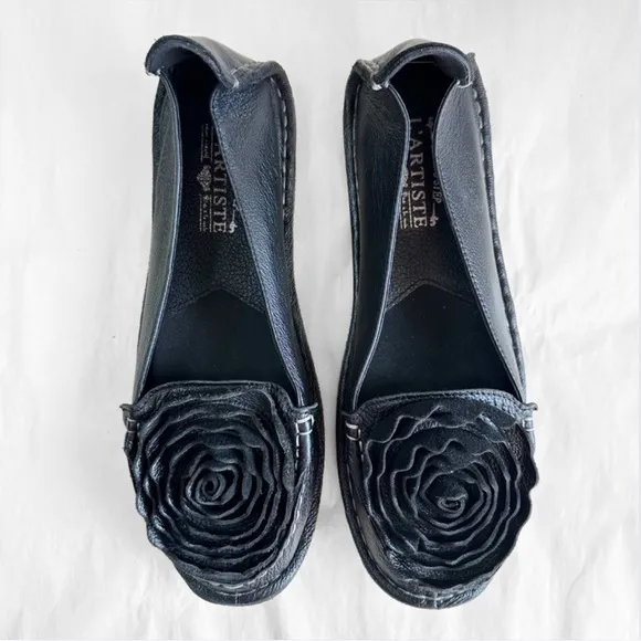 L’Artiste Spring Step Dezi Shoes 9.5 Black Leather Flats Slip On Flower New