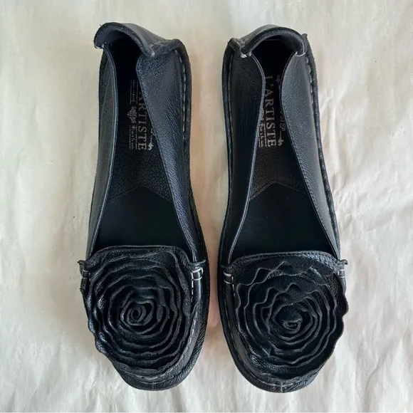 L’Artiste Spring Step Dezi Shoes 9.5 Black Leather Flats Slip On Flower New
