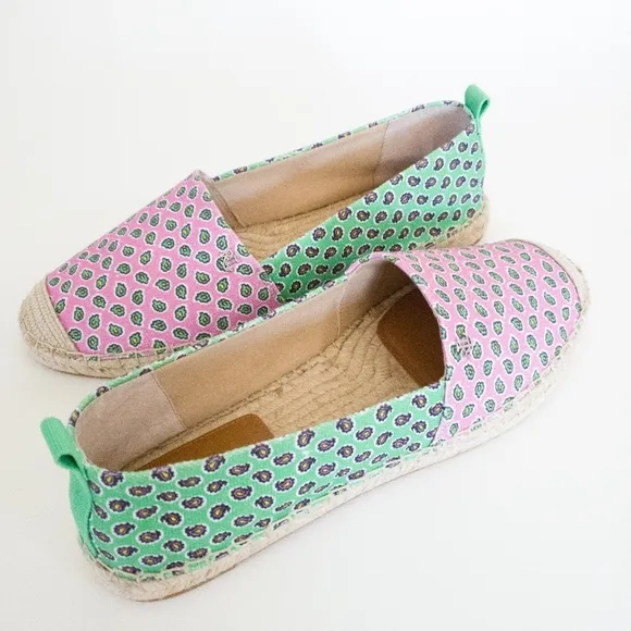 Lauren Ralph Cameryn Pink Green Festive Canvas Loafers Flats Shoes