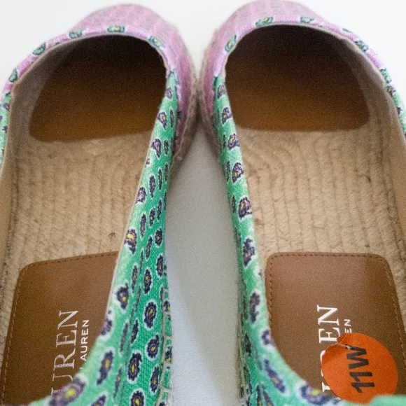 Lauren Ralph Cameryn Pink Green Festive Canvas Loafers Flats Shoes
