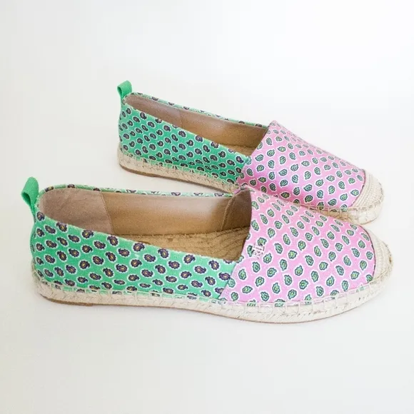 Lauren Ralph Cameryn Pink Green Festive Canvas Loafers Flats Shoes