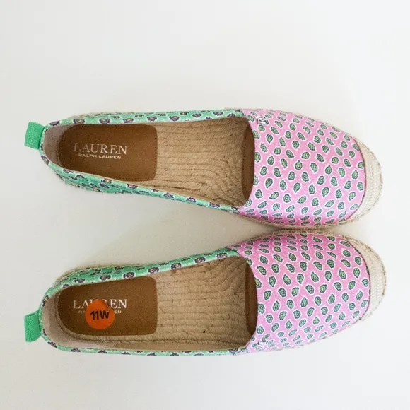 Lauren Ralph Cameryn Pink Green Festive Canvas Loafers Flats Shoes