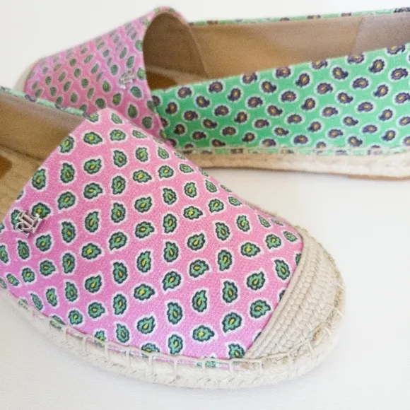 Lauren Ralph Cameryn Pink Green Festive Canvas Loafers Flats Shoes