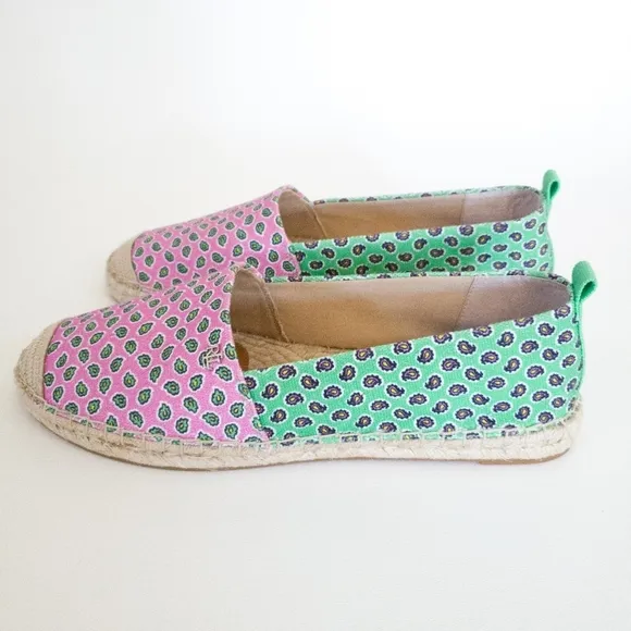 Lauren Ralph Cameryn Pink Green Festive Canvas Loafers Flats Shoes