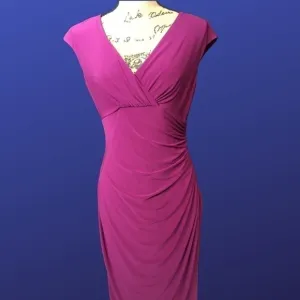𝅺LAUREN RALPH LAUREN Empire Ruched CAP SLEEVE Dress, Pre-owned, MAGENTA,10