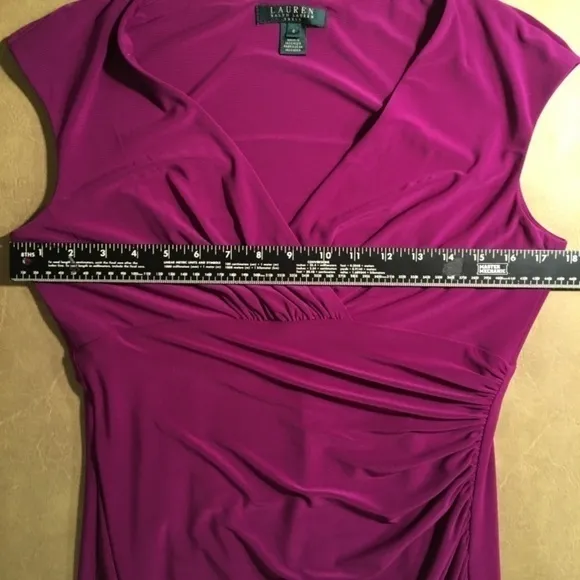 𝅺LAUREN RALPH LAUREN Empire Ruched CAP SLEEVE Dress, Pre-owned, MAGENTA,10