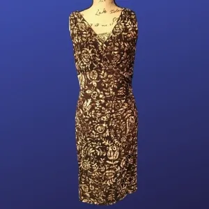 LAUREN RALPH LAUREN Empire Ruched Dress, BROWN/CREAM “BATIK” FLORAL, Size M, EUC