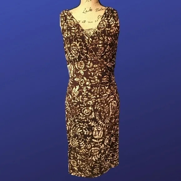 LAUREN RALPH LAUREN Empire Ruched Dress, BROWN/CREAM “BATIK” FLORAL, Size M, EUC