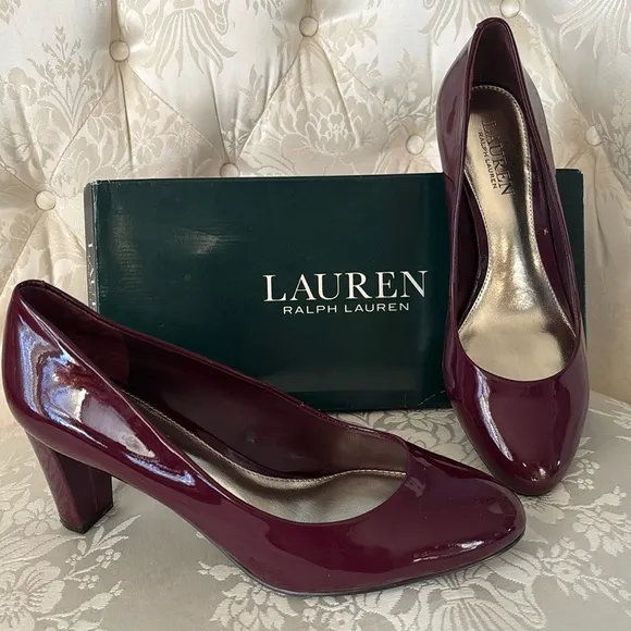Lauren Ralph Lauren Genuine Patent Leather Burgundy Pumps Rounded Toe Heels Fall