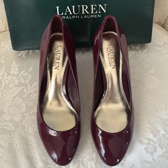 Lauren Ralph Lauren Genuine Patent Leather Burgundy Pumps Rounded Toe Heels Fall