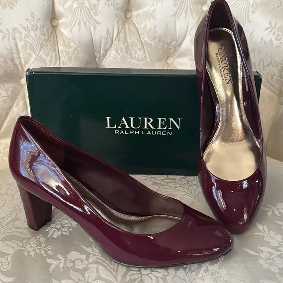 Lauren Ralph Lauren Genuine Patent Leather Burgundy Pumps Rounded Toe Heels Fall