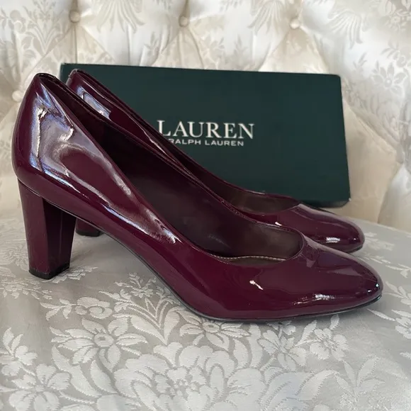 Lauren Ralph Lauren Genuine Patent Leather Burgundy Pumps Rounded Toe Heels Fall