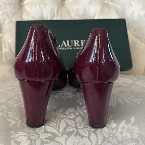 Lauren Ralph Lauren Genuine Patent Leather Burgundy Pumps Rounded Toe Heels Fall