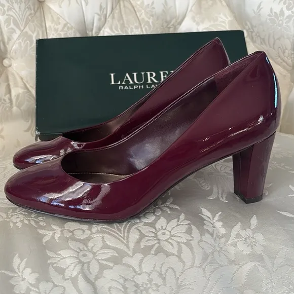 Lauren Ralph Lauren Genuine Patent Leather Burgundy Pumps Rounded Toe Heels Fall