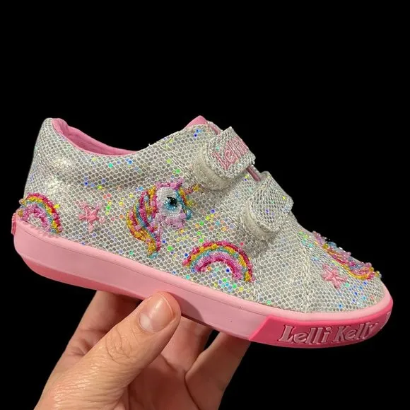 Lelli Kelly Baby Toddler Girls Fashion Glitter Sneaker Size 7 Silver/ Pink Shoes