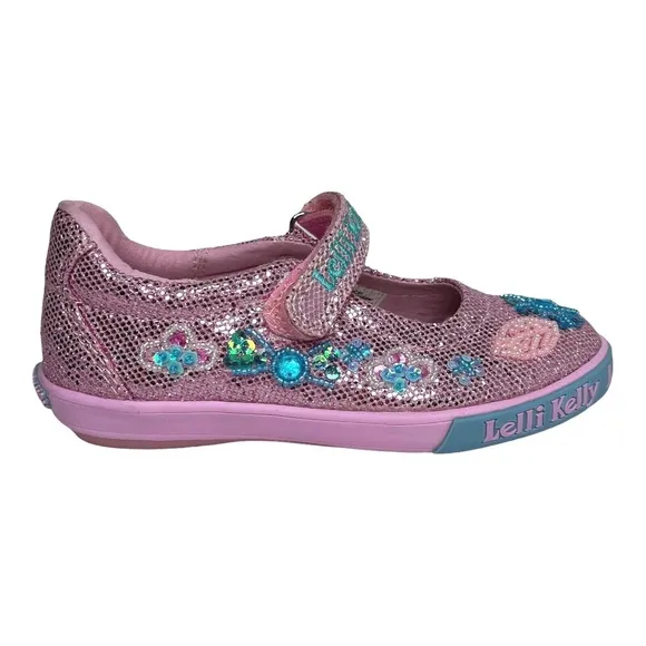 Lelli Kelly Toddler Girls Glitter Daysy Mary Janes Shoes Size 8-10 Pink/ Multi
